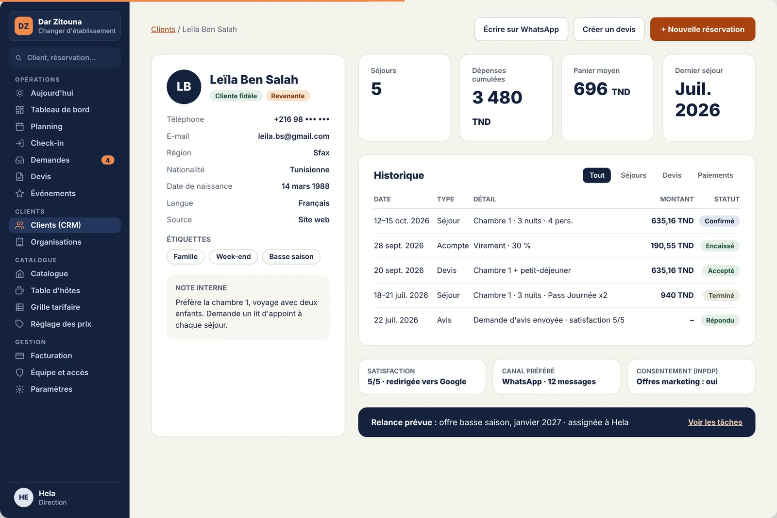 Fiche client : séjours, dépenses cumulées, historique et canal préféré.